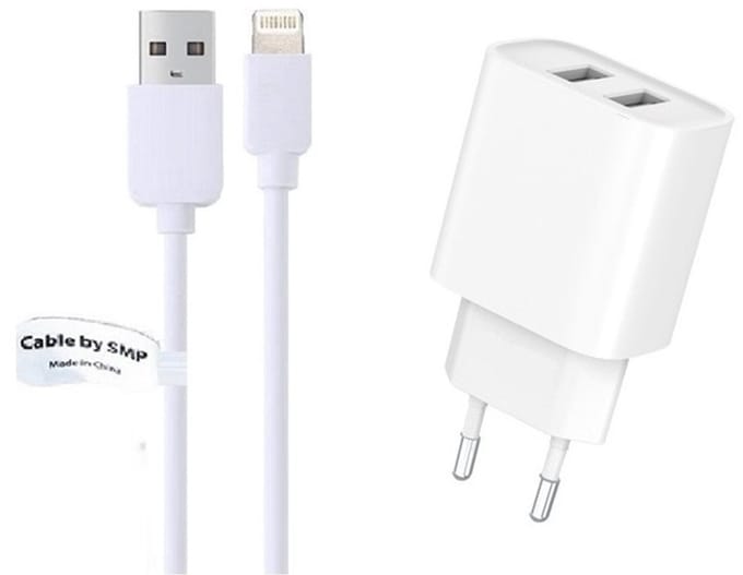 OneOne 2.4A lader met 2 poorten + 3,0m OneOne Lightning kabel. Oplader adapter past op Apple iPhone XR, iPhone XS, iPhone XS Max, iPhone 10, iPhone 11, iPhone 11 Pro, iPhone 11Pro Max, iPhone 12, iPhone 12 Mini, iPhone 12 Pro