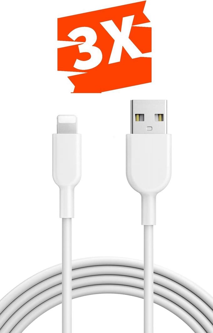 3x USB-A Oplaadkabel 12W - 2 Meter Lang - Geschikt voor iPad, iPhone met Lightning - Snellader Kabel Oplader