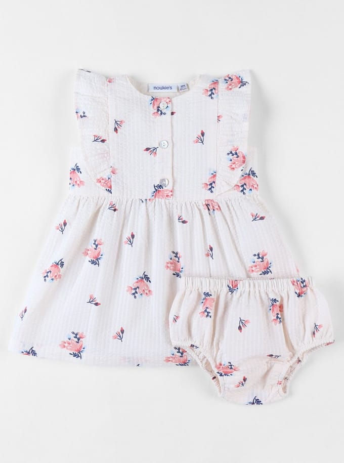 Seersucker jurk + bloomer set, ecru