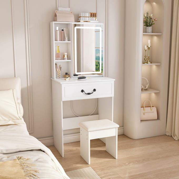 PHOEBE CAT Kaptafel-set - Met bekleed kruk - Inclusief LED-spiegel - Opbergruimte - Wit