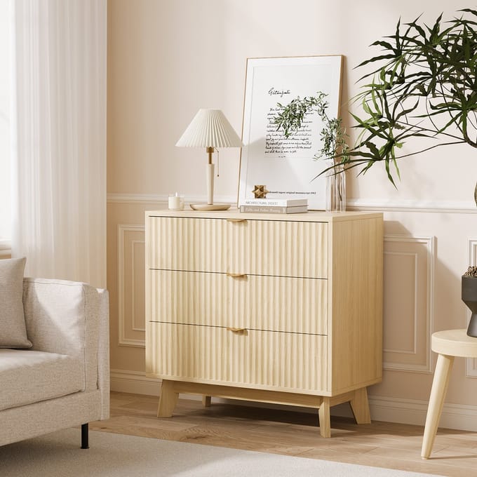 Moderne Commode Met 3 Lades - Geribbelde Houtlook - Voor Slaapkamer - Natuurlijke houtkleur