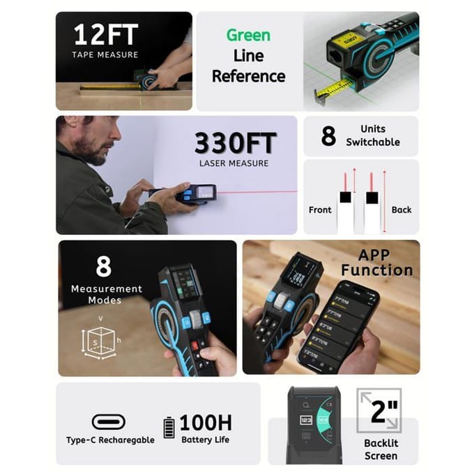 Mileseey DTX 10 laserafstandsmeter met een 100-meter meetlint