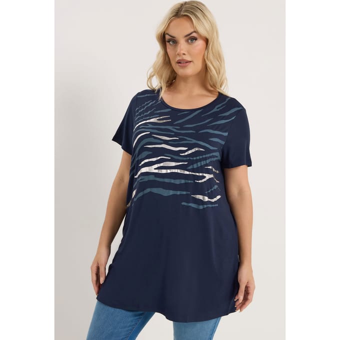Yours Ours Marineblauwe Top Met Metallic Dierenprintsize 58-60