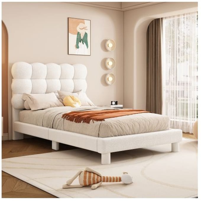 Lit - MUVOE - 90x200cm - Tête de lit rembourrée - Réglage triple - Blanc et rose blanc