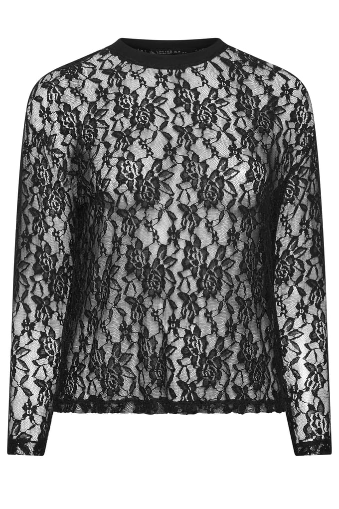 Limited Collection Zwarte Mesh Top Met Kant En Lange Mouwen Size 48