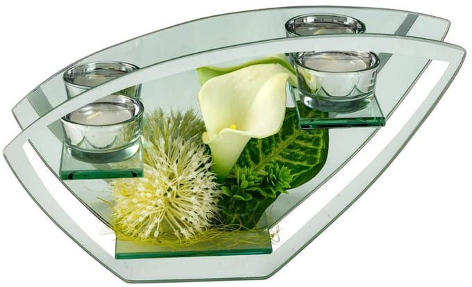 Glazen decoratie met bloemen wit/groen en 2 theelichtjes