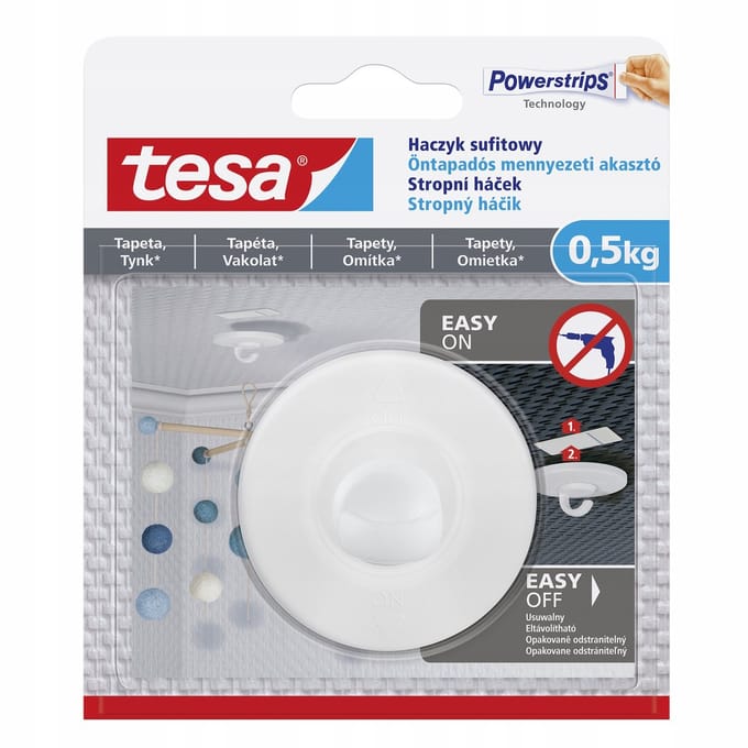 Tesa - Zelfklevende Plafondhaak - Witte Kleur - 0,5 kg - Draaiende Kop