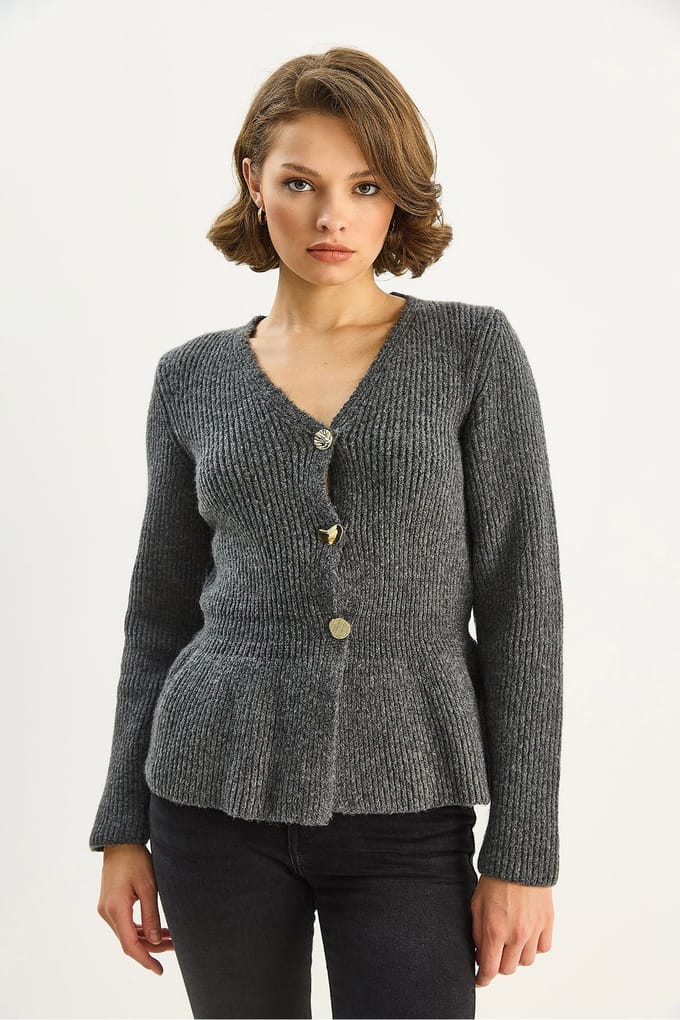 Geribde Lange Mouwen V-Hals Cardigan met Knopen
