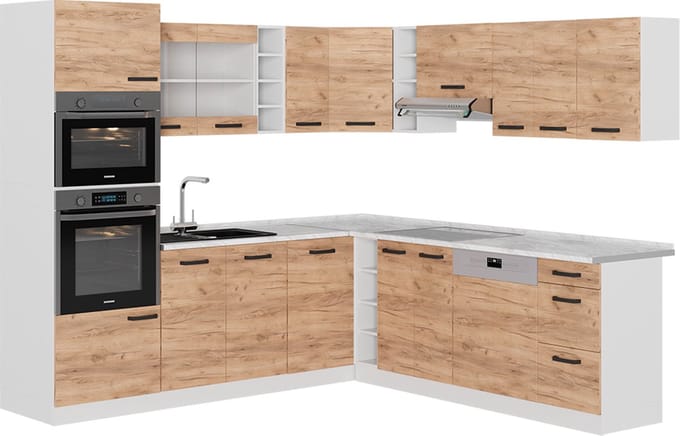 Vicco Hoekkeuken R-Line, Goudkleurig Eiken/Wit, 247 x 237 cm WB Eik