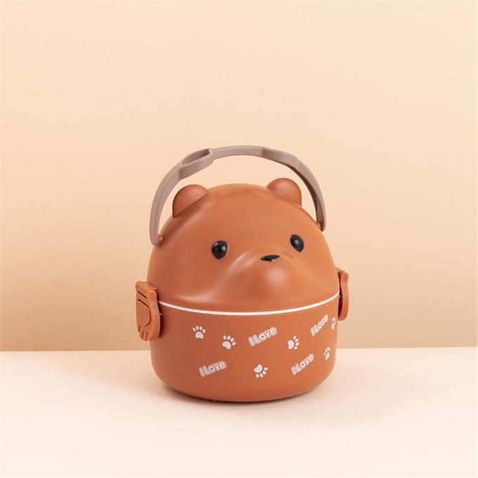 Stapelbare Bento Box Draagbare Leuke Cartoon Kinderen Lunchbox Dubbellaags Voedselopbergcontainer Bril Beer Thermische Bento Box brown