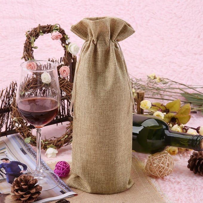 12 stuks Eenvoudige Linnen Stoffen Wijnzak met Trekkoord Champagne Decoratieve Hoes (Diep Linnen) beige