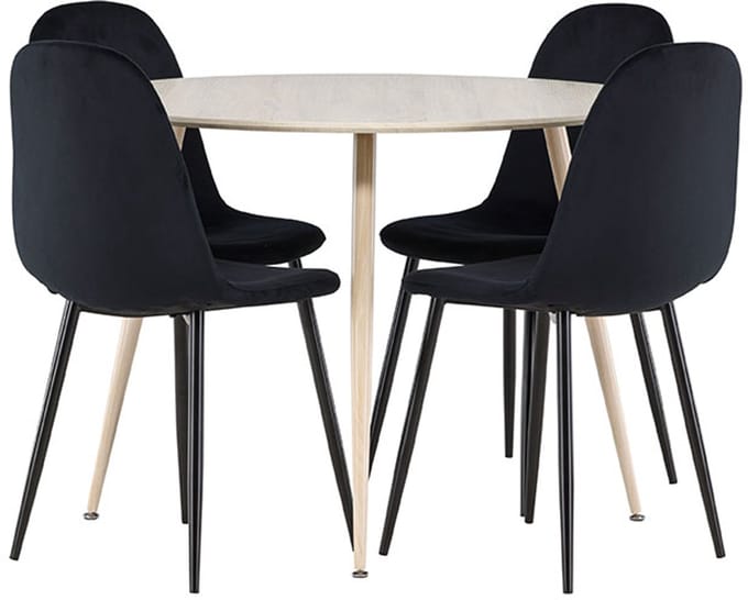 Plaza eethoek tafel Ø100cm en 4 velours stoelen whitewash.