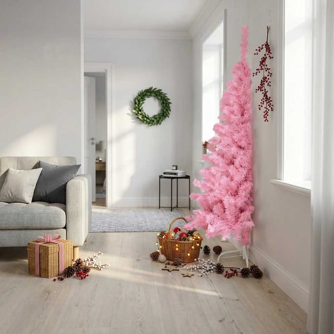 vidaXL - Kunstkerstboom - met - standaard - half - 180 - cm - PVC - roze