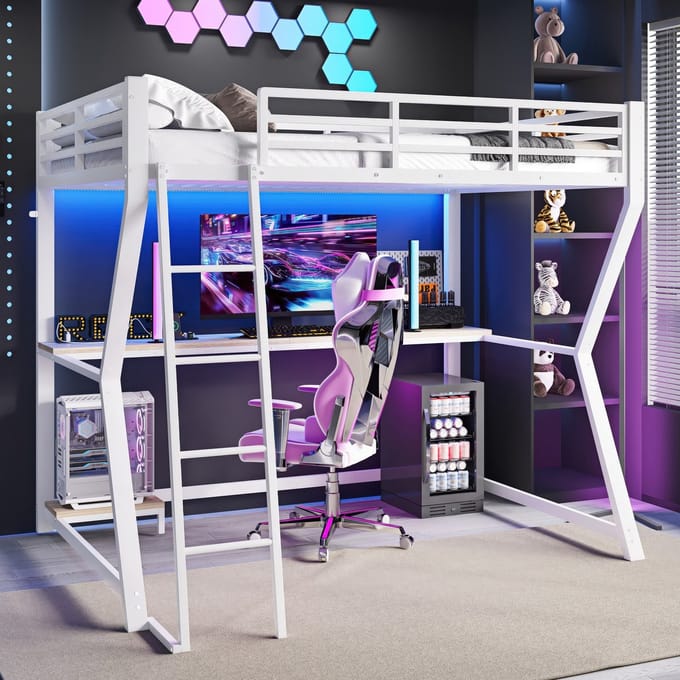 Sweiko Hoogslaper - 90*200 cm - met LED verlichting - Computerstandaard - Bureau + USB aansluiting - Zonder matras - Wit