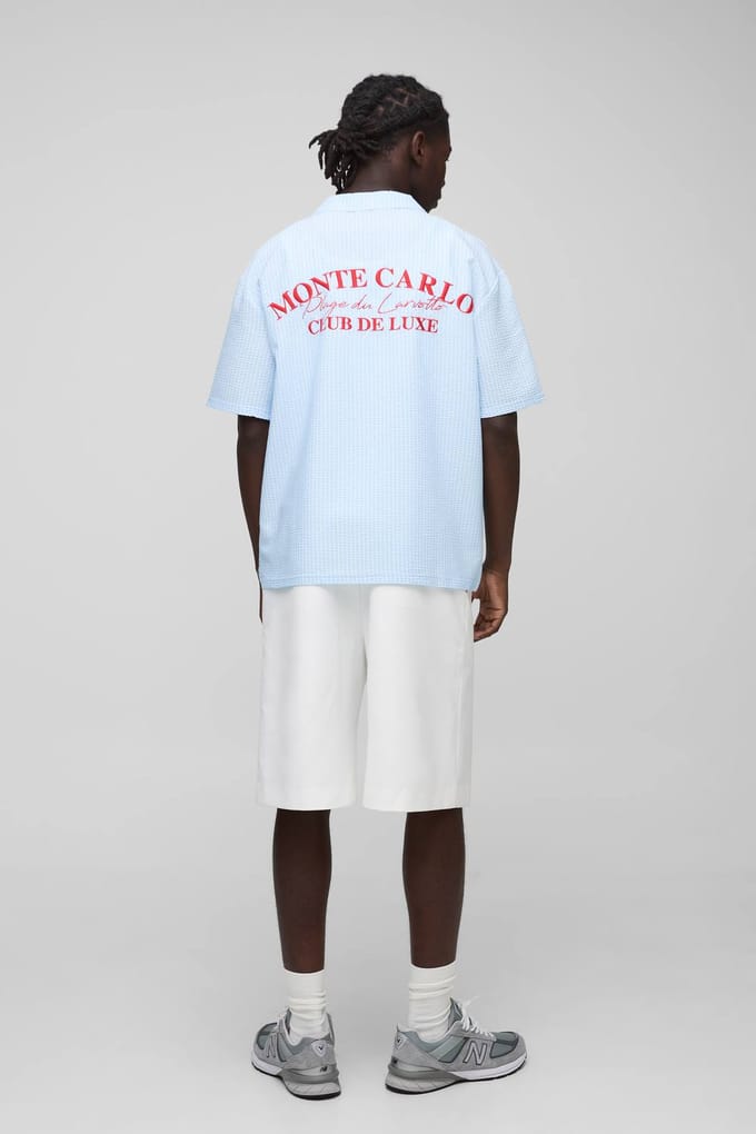 Oversized Geborduurd Gestreept Seersucker Revere Shirt | Light Blue | Size Medium