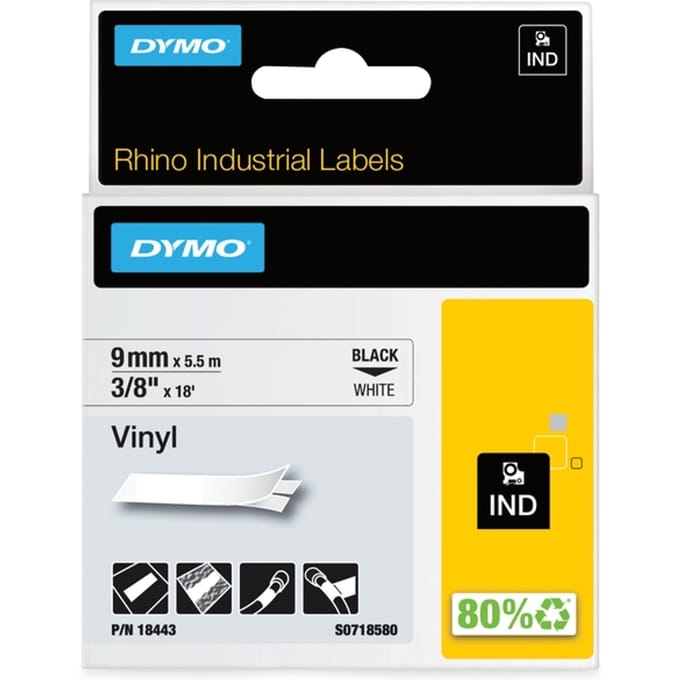 DYMO Rhino industriële Vinyl Labels | 9 mm x 5,5 m | zwarte afdruk op wit | zelfklevende labels voor Rhino & LabelManager labelprinters