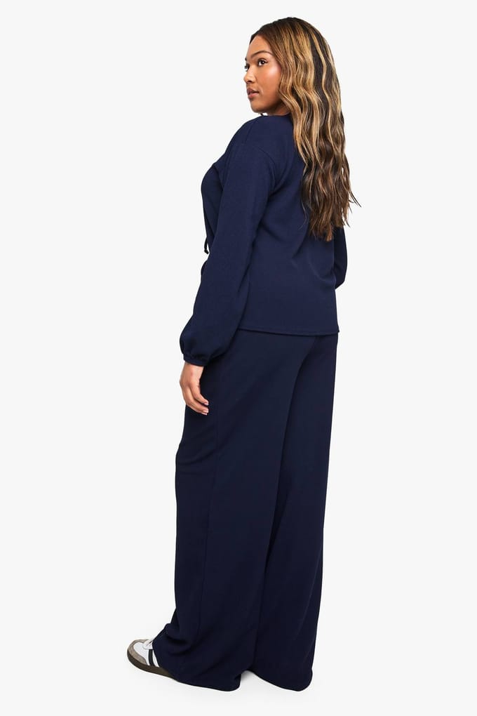 boohoo Dames Plus Rib Tie Front Blouse en Broekset | Marineblauw | Maat: 56