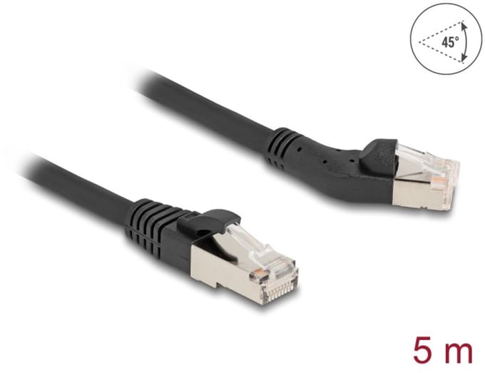 Delock RJ45 Network Cable Cat.6A S/FTP plug 45° left angled to plug straight 5 m black