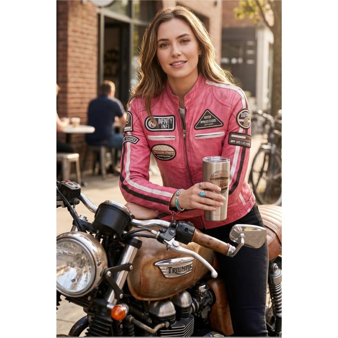 Dames Biker Racing Badges Fuchsia, Leren Jasje-esdoorn,