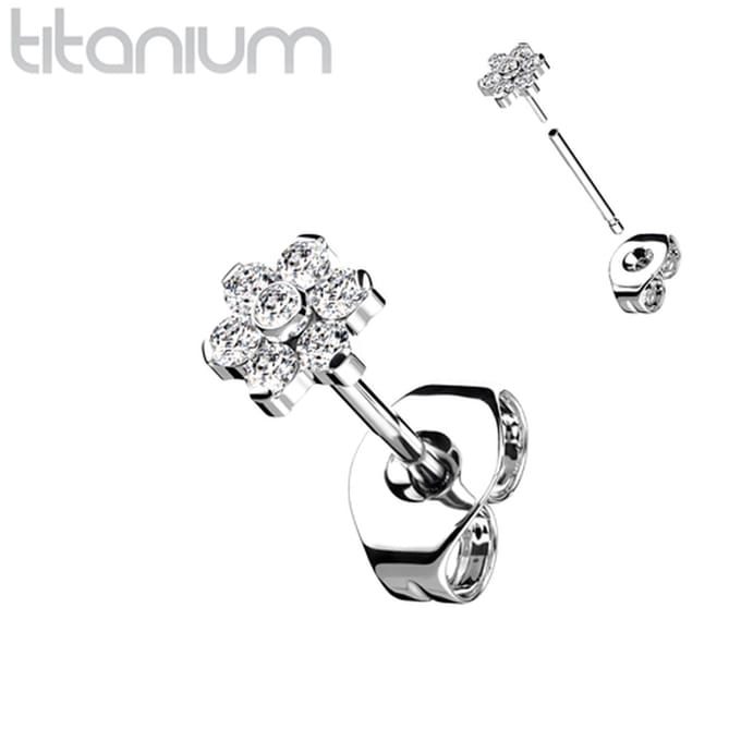 Oorbellen titanium flower top wit - zilver - LMPiercings