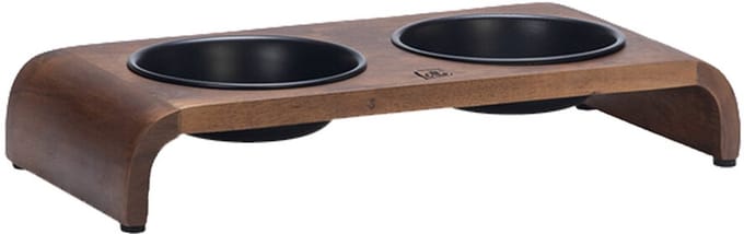 Designed by Lotte Melora Voerbak/Drinkbak Kat - Dinerset Eetbak/Waterbak Kat - Hout/RVS - Zwart - 2x350 ml