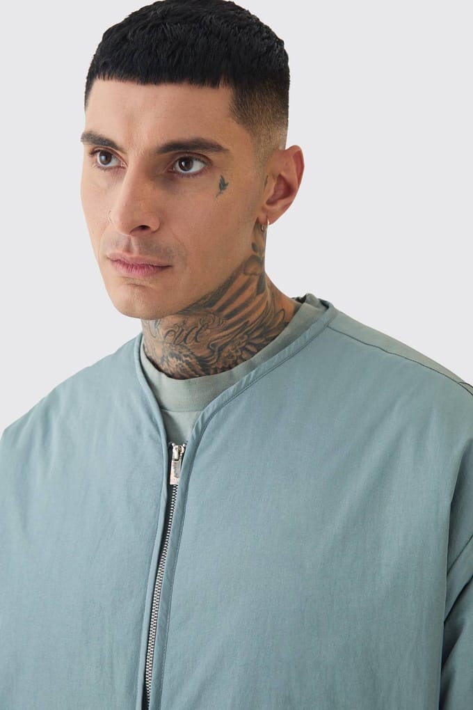Tall Oversized Collarless Padded Bomber Jacket In Slate | Size Medium