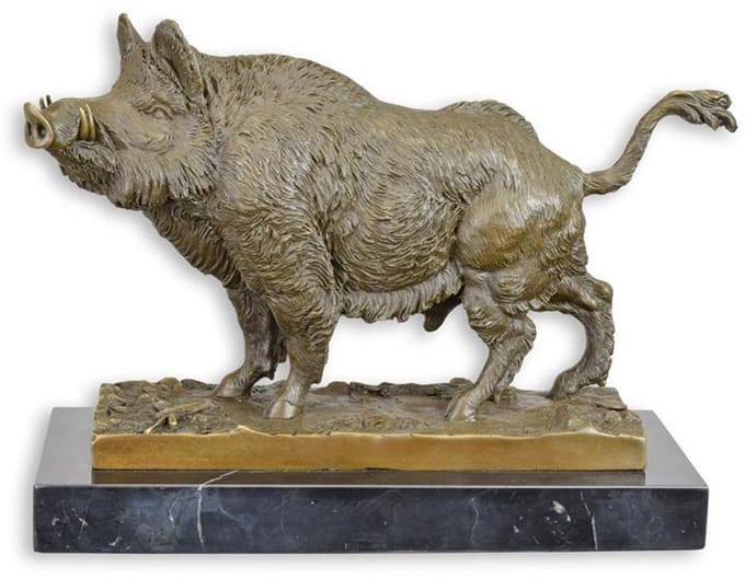 Bronzen beeld - Wild zwijn - marmeren basis - 23,4 cm hoog