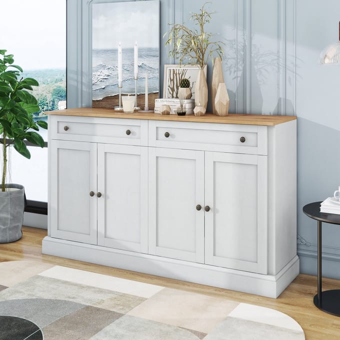 Sideboard - 150×86×40 cm - 4 Deuren + 2 Lades - Modern Buffetkast - MDF - Antiekwit/Naturel