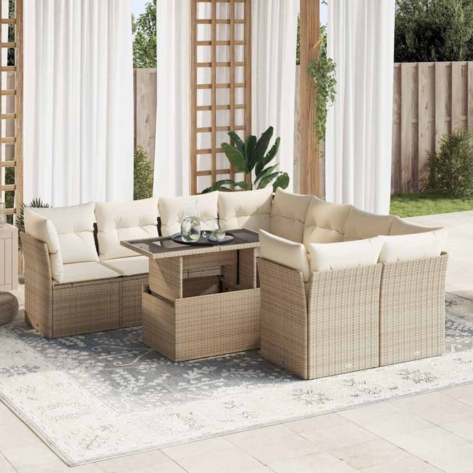 vidaXL - 9-delige - Loungeset - met - kussens - poly - rattan - beige