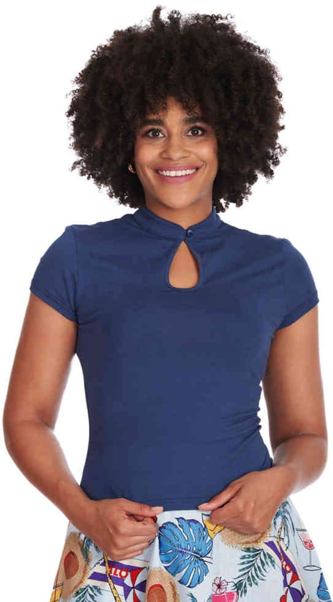 Banned - Mandarin Collar Top - M - Blauw