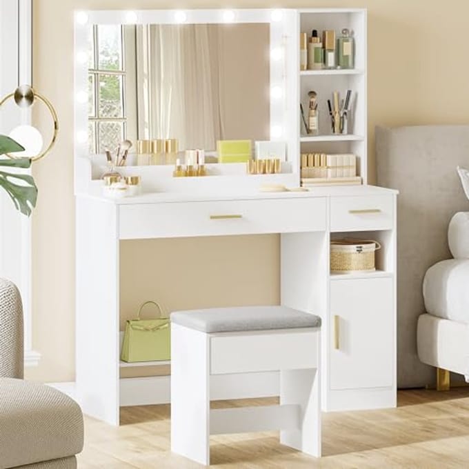 Kaptafel met LED Spiegel en Regelbare Helderheid, Make-up Bureau met 2 Laden en 4 Compartimenten, Wit