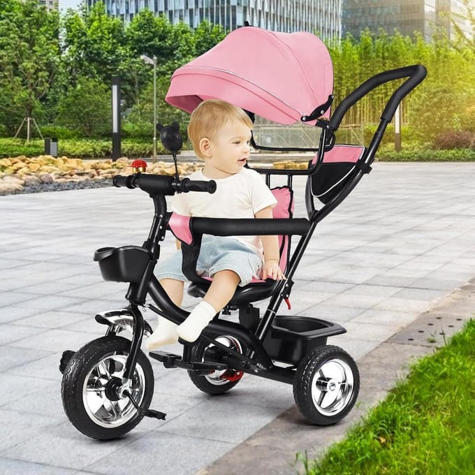 Driewieler voor baby's - Loopfiets kinderwagen - Buiten spelen - 4-in-1 multifunctioneel - 75 cm breed - Roze