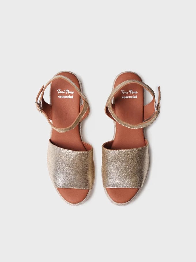 Zilveren leren espadrille met hoge sleehak en gesp | TAMARA