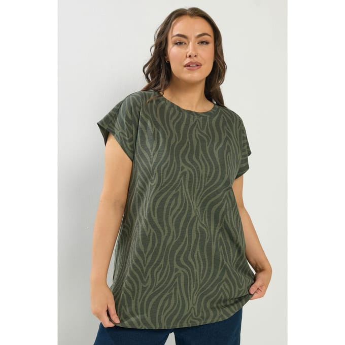 Yours Kakigroen Tshirt Met Zebraprint En Aangegroeide Mouwen Size 48