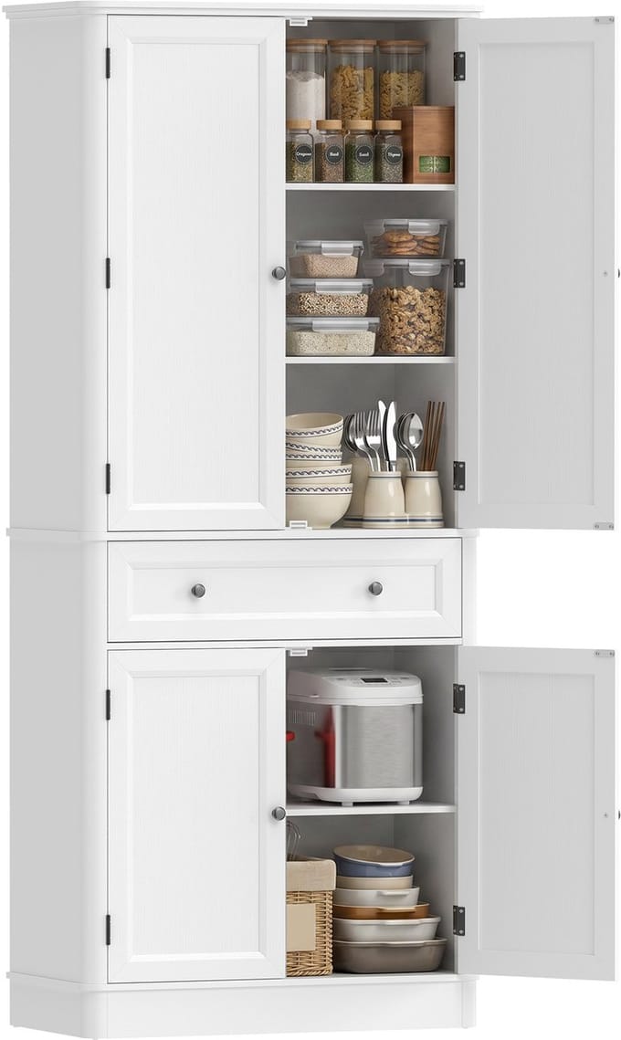 HOMCOM Keukenvoorraadkast-MDF, aluminiumlegering-80L x 39,5B x 186,4H cm-Wit