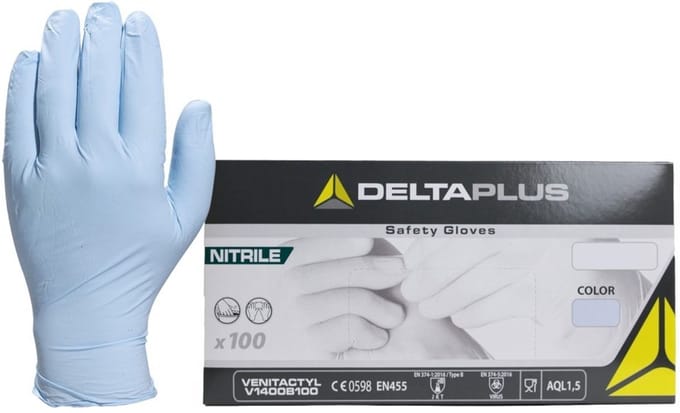DELTAPLUS DISPENSER MET 100 NITRIL WEGWERPHANDSCHOENEN ONGEPOEDERD mt 07/08 blauw