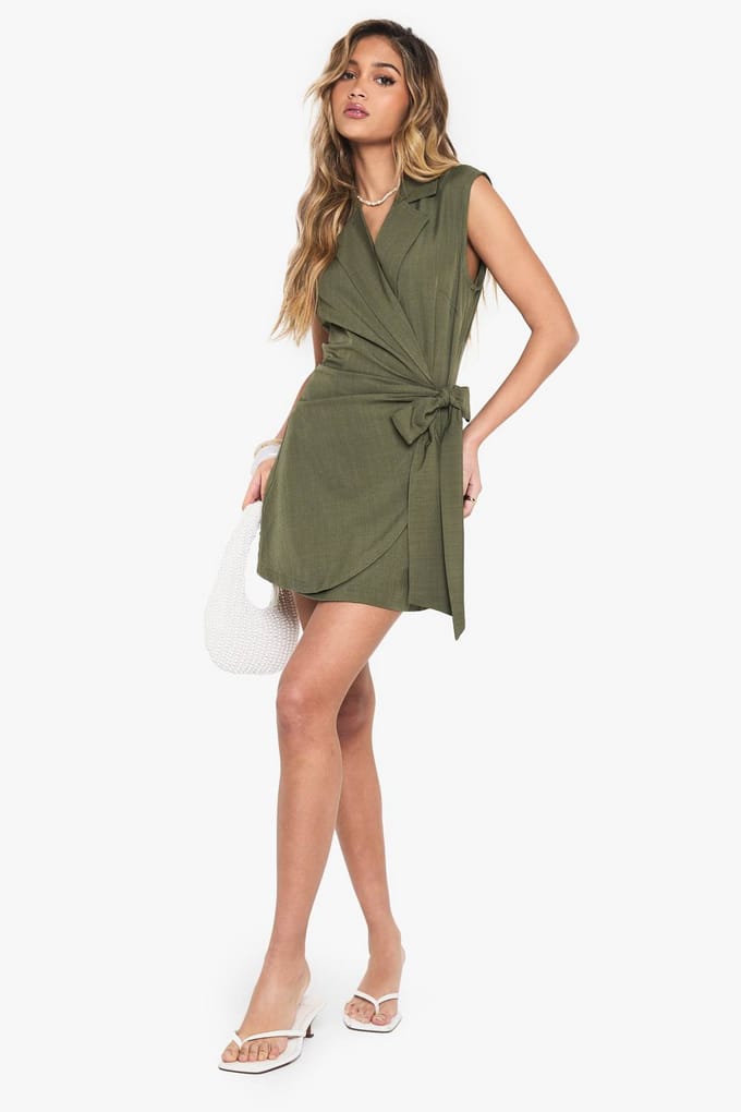 boohoo Dames Linnenlook wikkel-drape voorkant mouwloze blazerjurk | Khaki | Maat: 6