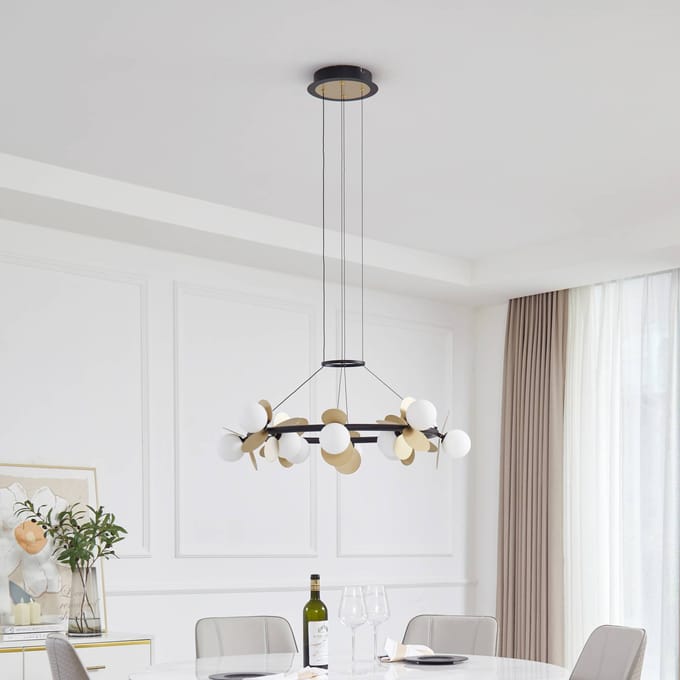 Lucande hanglamp Pallo, 12-lamps, zwart/goud, glas