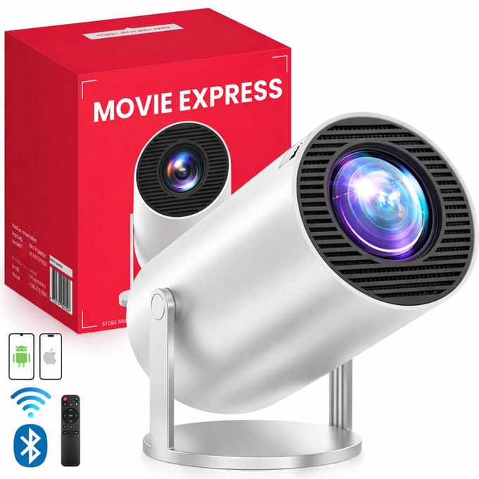 STOBE Movie Express Mini Beamer - Smart Projector met Android 14, Netflix & Apps - 4K Support - WiFi & Bluetooth - Geschikt voor iPhone & Android smartphone - Movie & games projector - wit