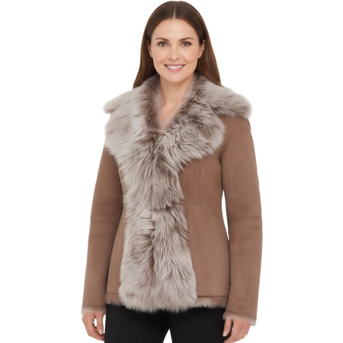 Dames Taupe Schapenvacht Toscana Merino Shearling Suède Leren Jas - Siena