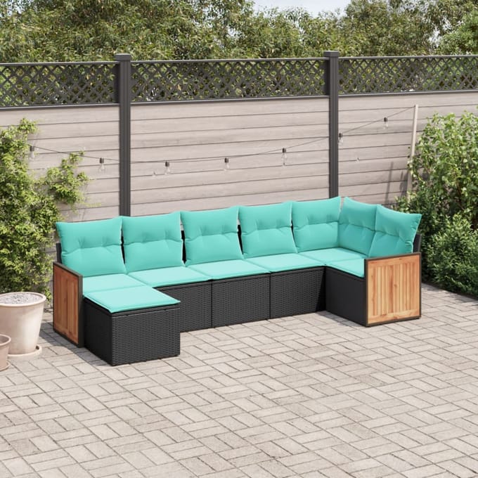 vidaXL - 7-delige - tuinbankset - met - kussens - van - zwart - polyrotan