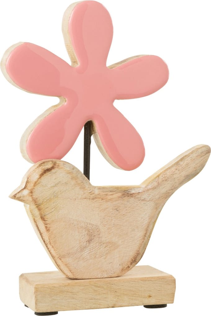 J-Line decoratie Vogle Met Bloem - hout - roze - small