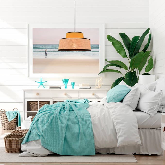 COREP Hanglamp Mallorca, mosterdgeel, Ø 38 cm, stof/bast