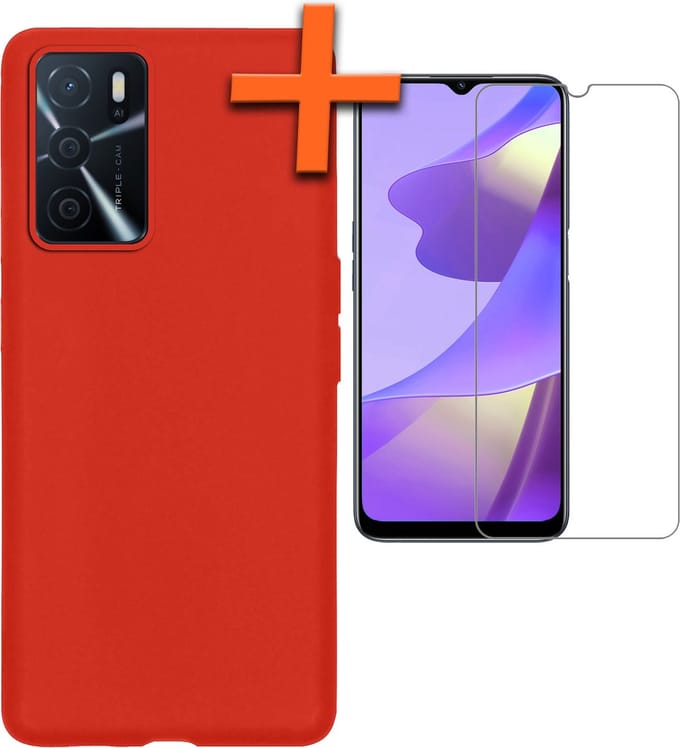 Hoes - Met Screenprotector - Geschikt voor OPPO A16 - Sterk & Shockproof - Back Cover - Siliconen Case - Telefoon Hoes - Rood