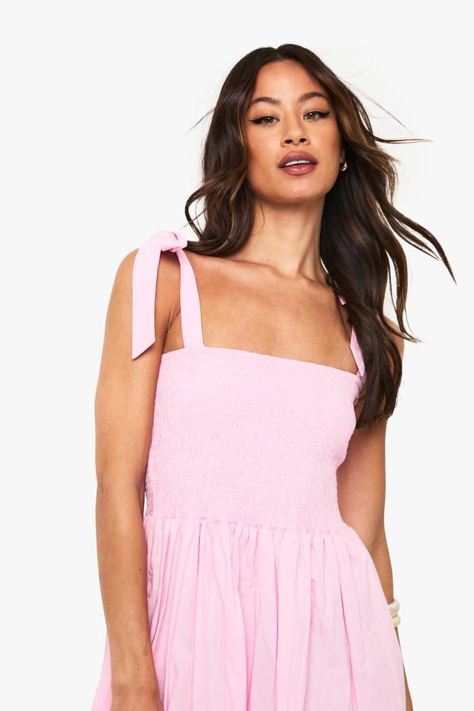 boohoo Dames Lange maxi‐jurk van gerimpelde popeline met strikband | Roze | Maat: 46