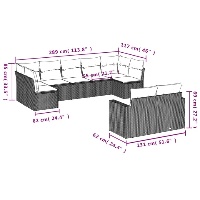 vidaXL - 9-delige - Loungeset - met - kussens - poly - rattan - beige