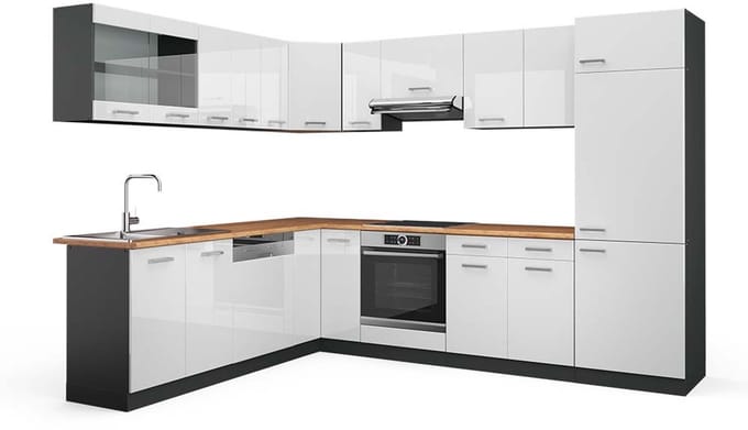 Vicco Hoekkeuken R-Line, Wit Hoogglans/Antraciet, 287 x 227 cm, WB Eik