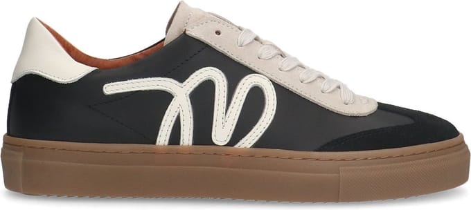 Manfield - Dames - Zwarte leren sneakers met suède details - Maat 39
