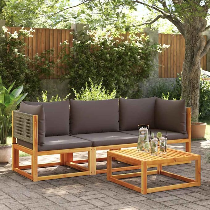 vidaXL - Tuinhoekbank - met - kussens - acaciahout - & - rotan