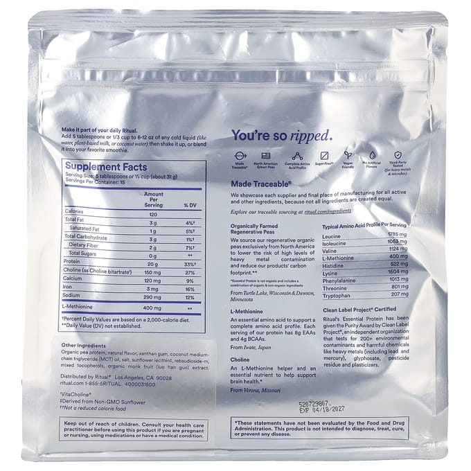 Ritual, Essentiële Eiwit Dagelijkse Shake, Vanille, 1 lb (459 g)